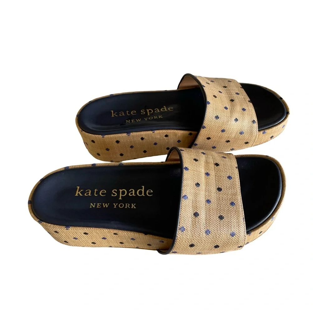 Kate Spade New York Breeze Raffia Platform Slide Sandals Polka Dot Wedge - Picture 6 of 11